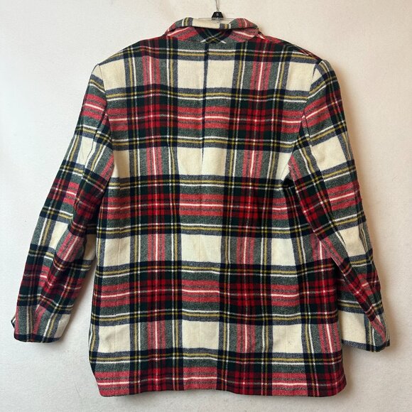 Vtg 90s EXPRESS Women Medium Wool Blend Red Ivory Tartan Plaid Jacket Blazer - Picture 3 of 3